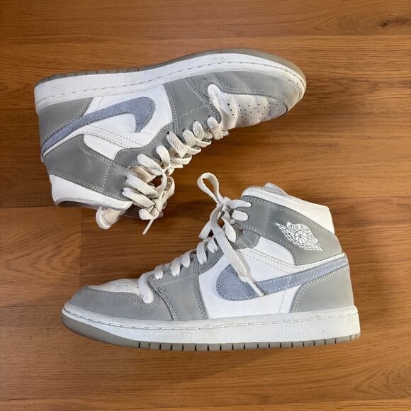 Jordan Shoes - Women's Nike Air Jordan 1 Mid Wolf Grey Aluminum White Sneakers Shoes Sz 6.5